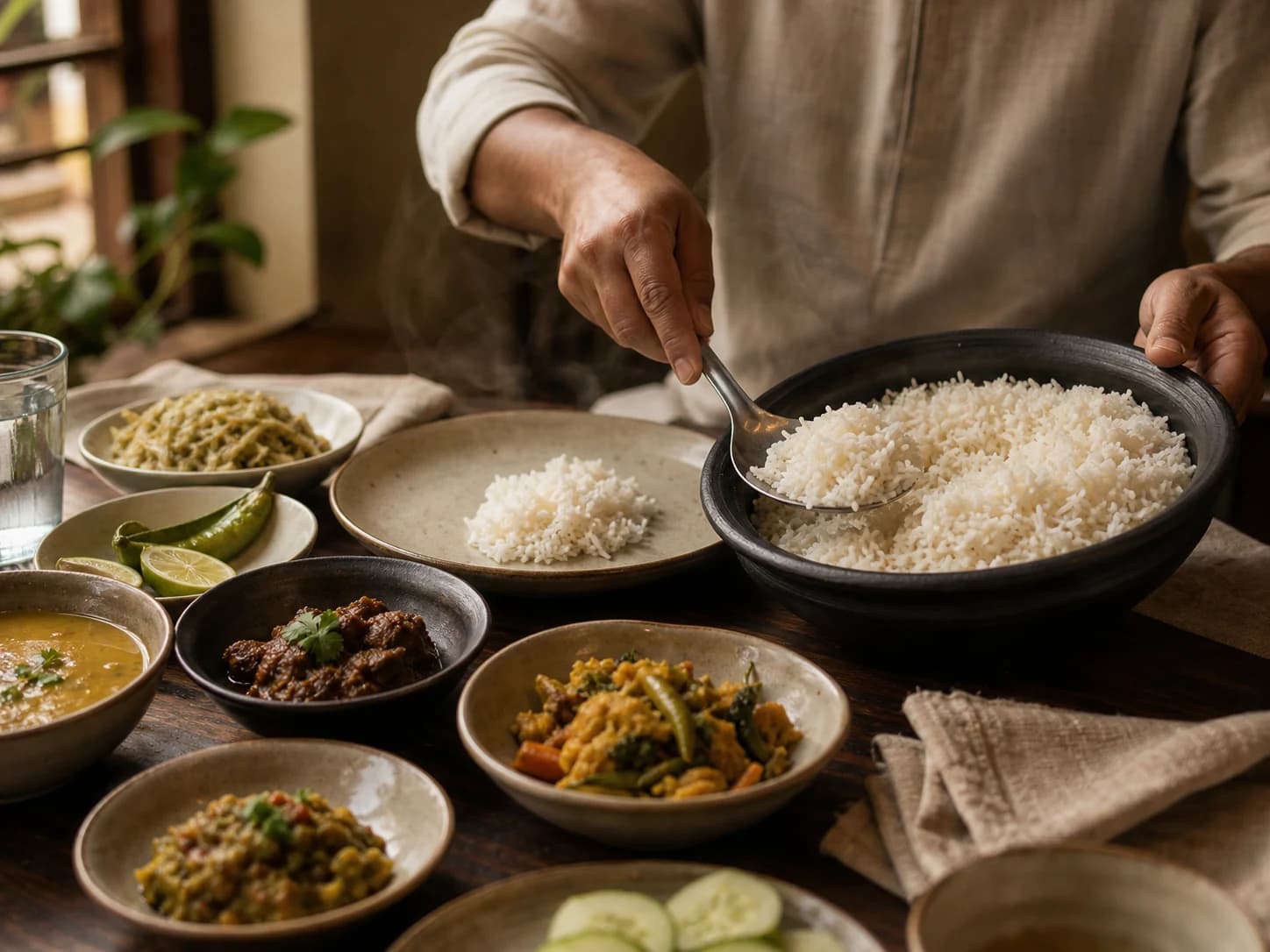 Rice being served with care at a shared Bangladeshi table